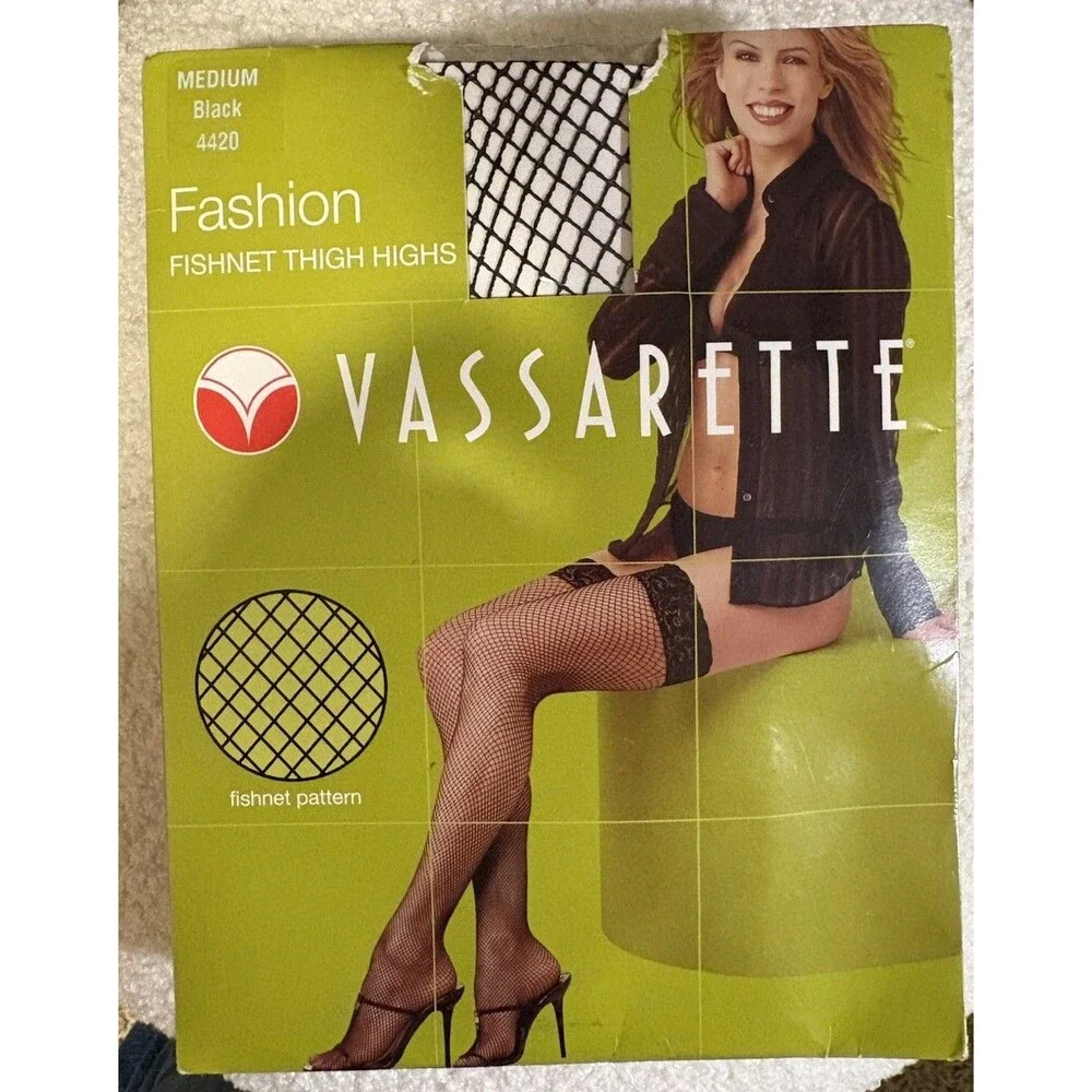 NEW Women’s Vassarette Fashion Thigh Highs 4420 Black Fishnet size Medium M